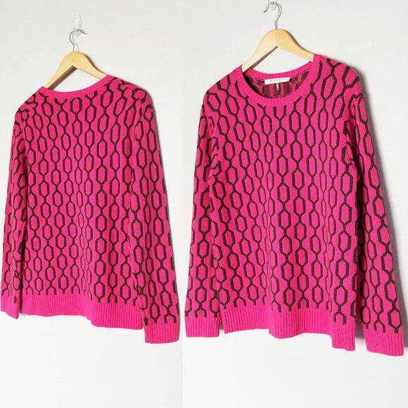 Trina Turk Merino Wool Pink Brown Geometric Honeycomb Crewneck Sweater Size M - Picture 2 of 14